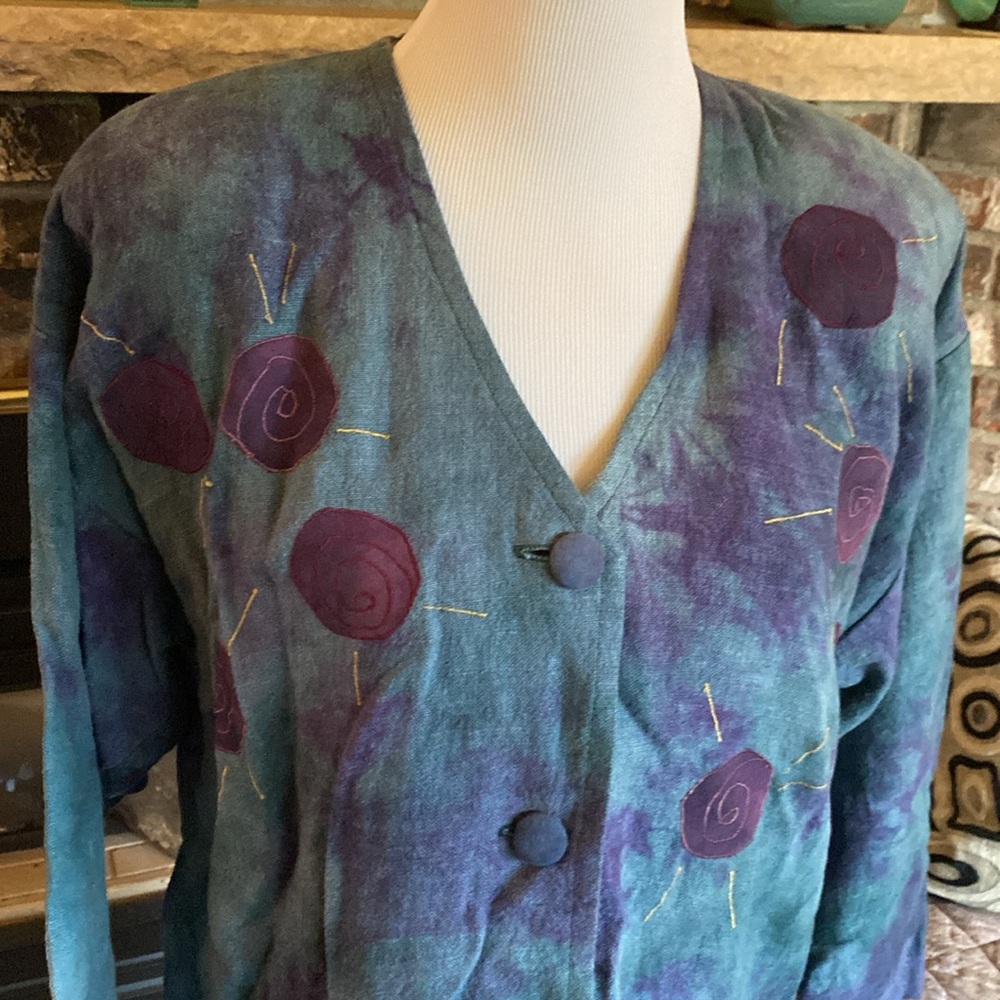 ARTISAN ANNA CARLSON amazing linen appliqué embroidered jacket!! Size M oversize - Picture 2 of 15